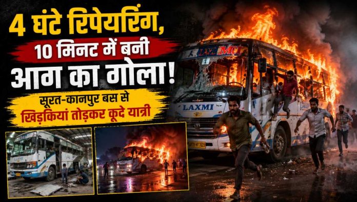 धार के सरदारपुर में सूरत से कानपुर जा रही बस में लगी भीषण आग